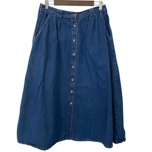 Vintage 90s Vivaldi Chambray Denim Midi Skirt Button Front 12 Medium Wash